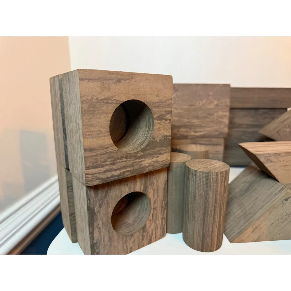 Unbranded Wooden Building Blocks Kids OS Brown Marble Grain Geometric Shapes Set